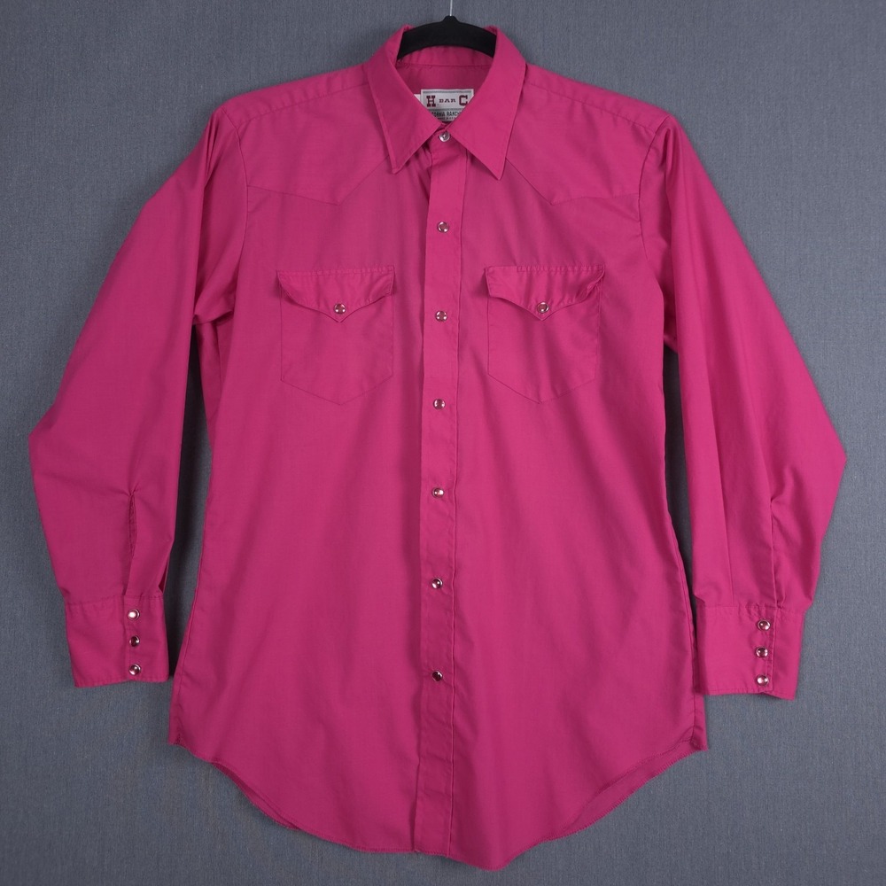 Vintage 70s H Bar C Western Pearl Snap Mens 16 33 Fuchsia Long Sleeve Ranchwear